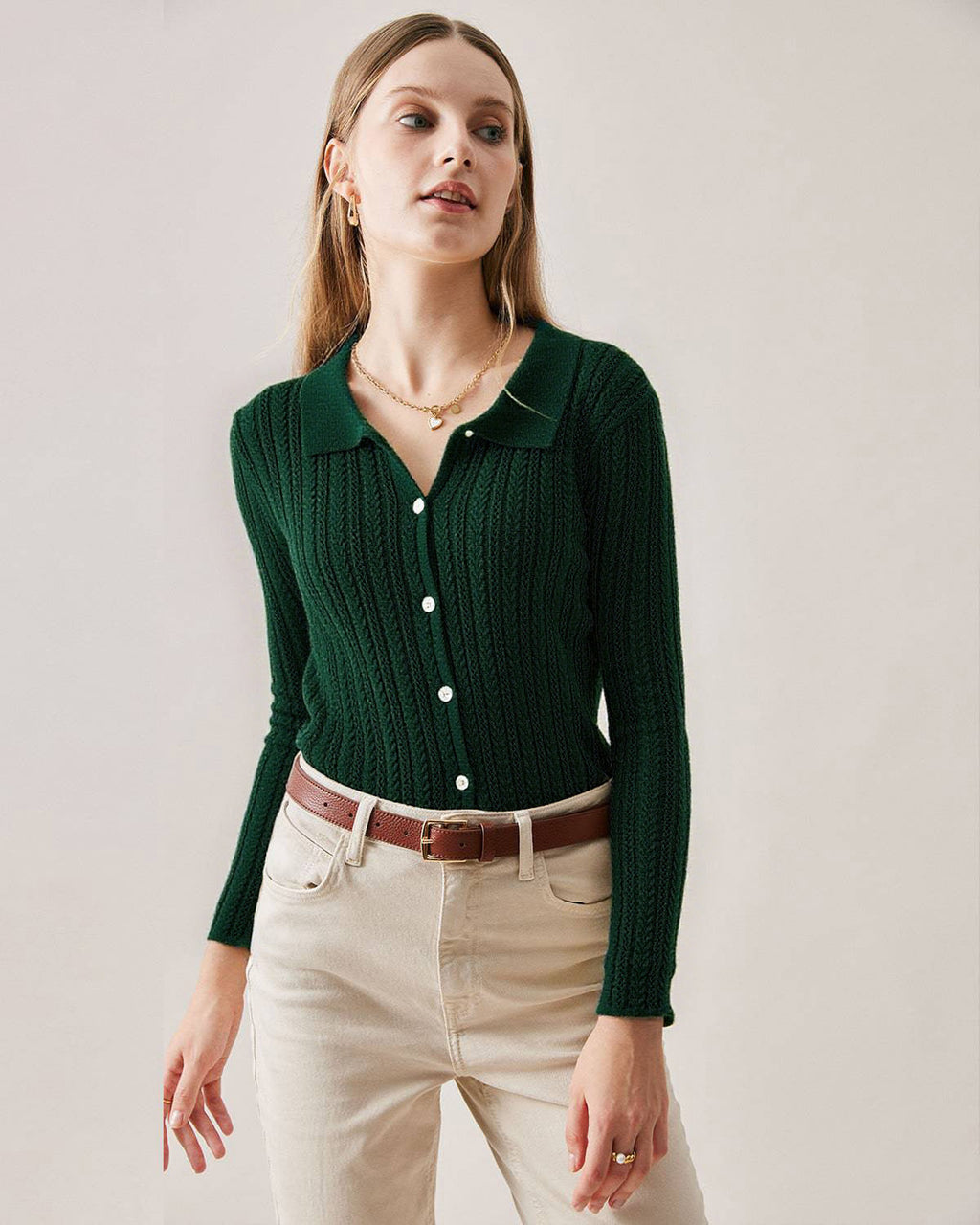 Green Ribbed Knit Slim Cardigan
