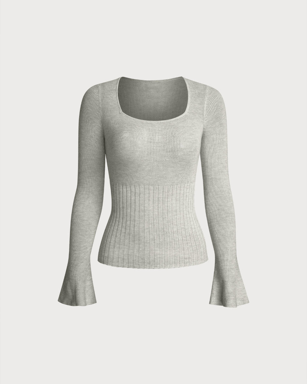 Grey Ribbed Knit Bell Sleeve Tee