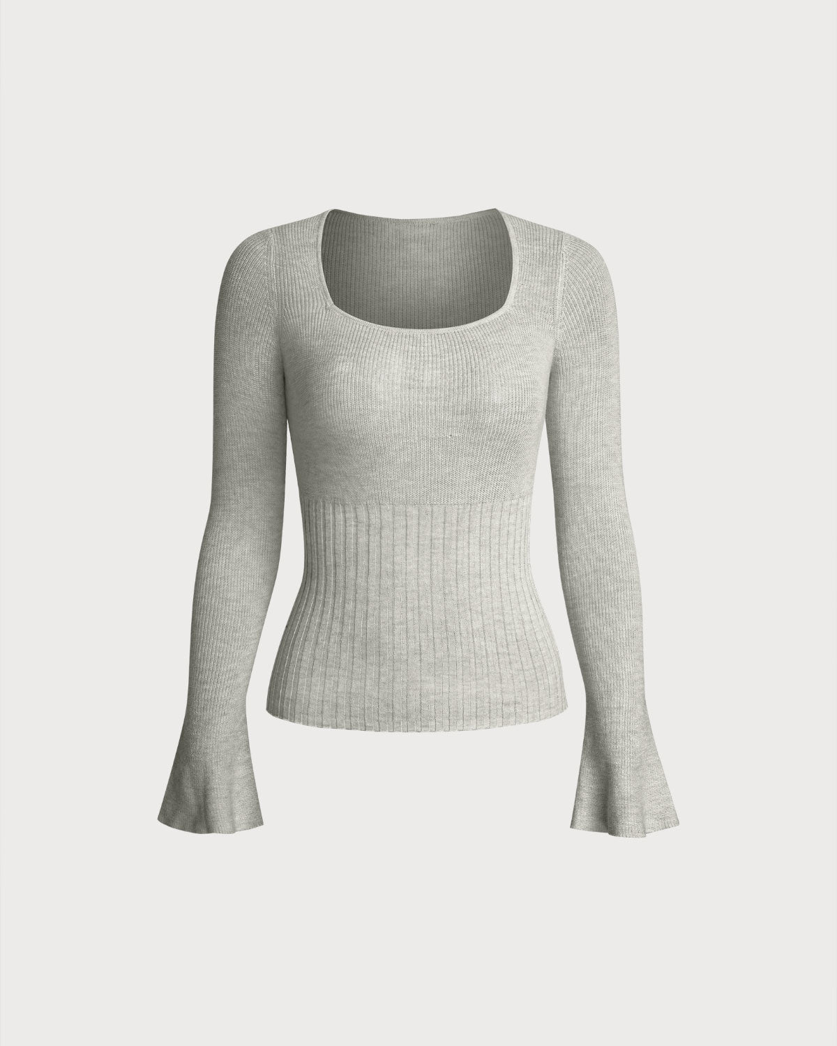 Grey Ribbed Knit Bell Sleeve Tee