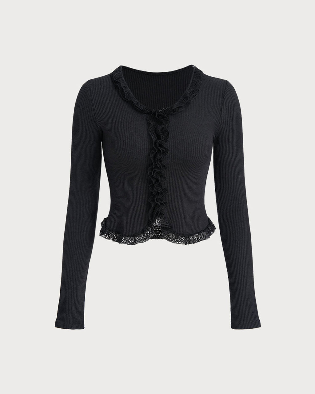 Black Round Neck Ribbed Knit Cardigan