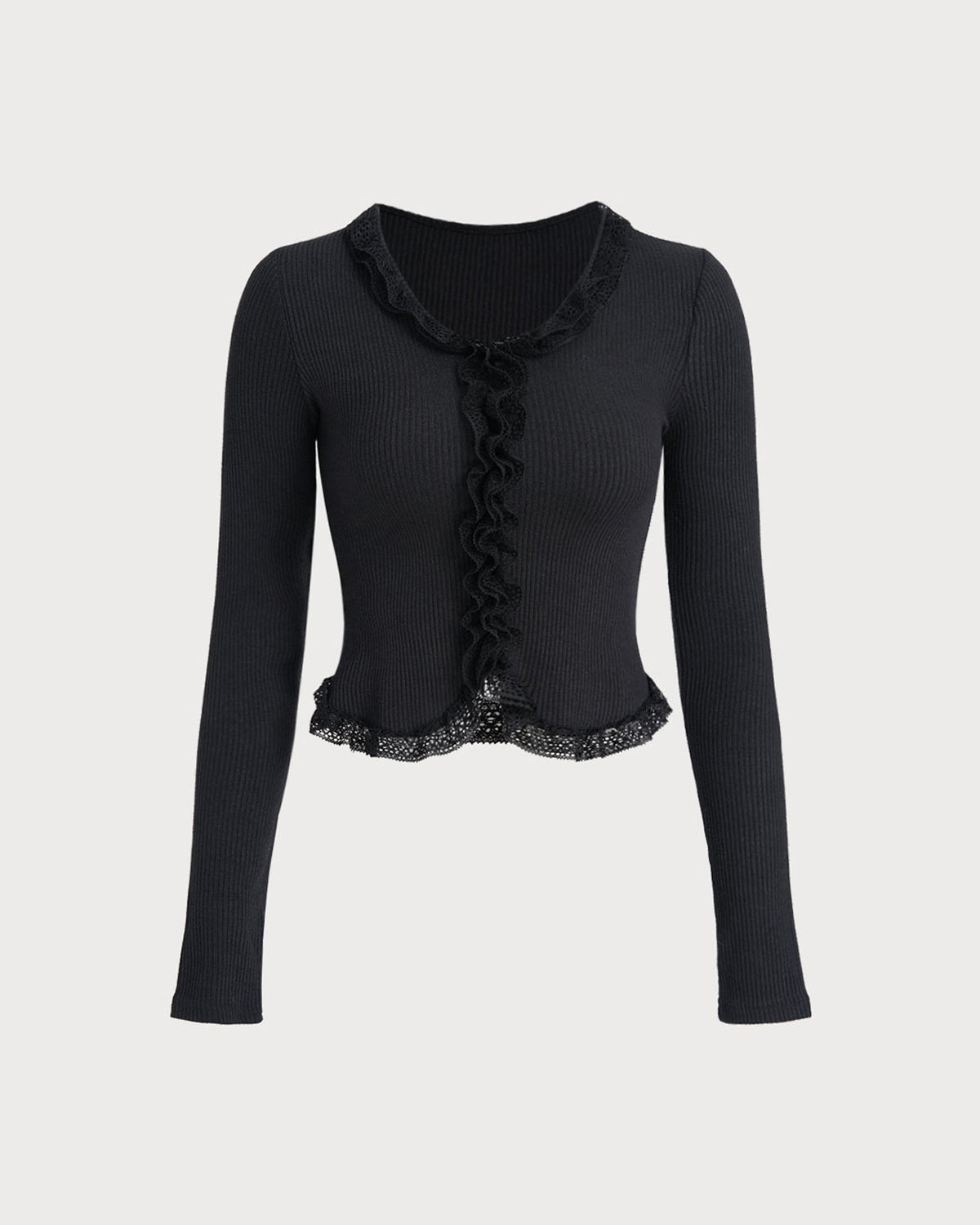 Black Round Neck Ribbed Knit Cardigan