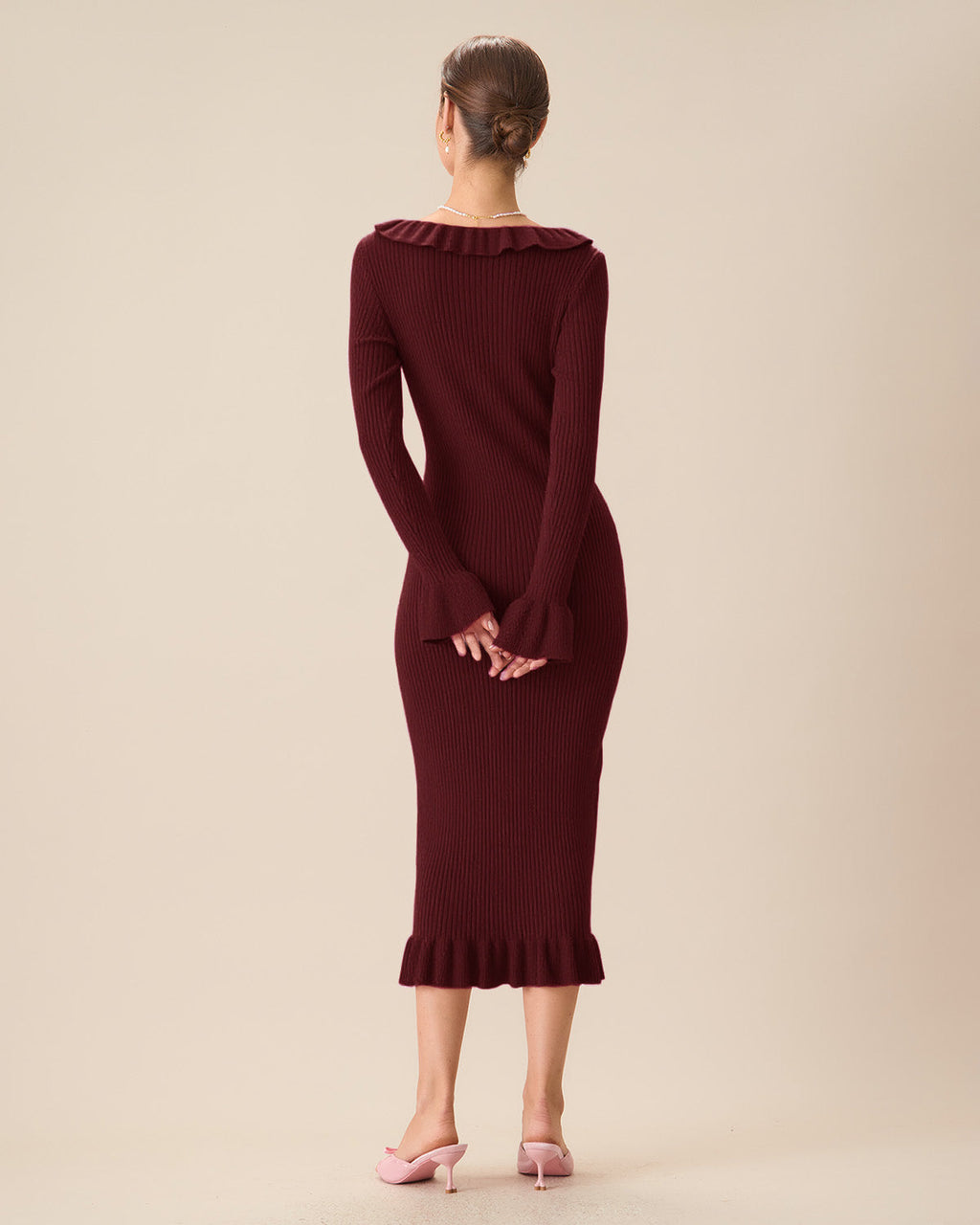 Wine Red Bodycon Bell Sleeve Sweater Dress
