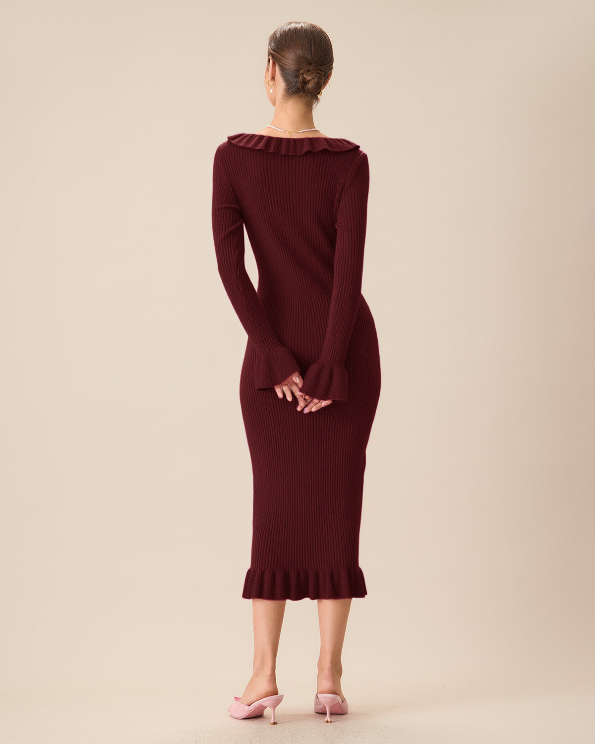 Wine Red Bodycon Bell Sleeve Sweater Dress