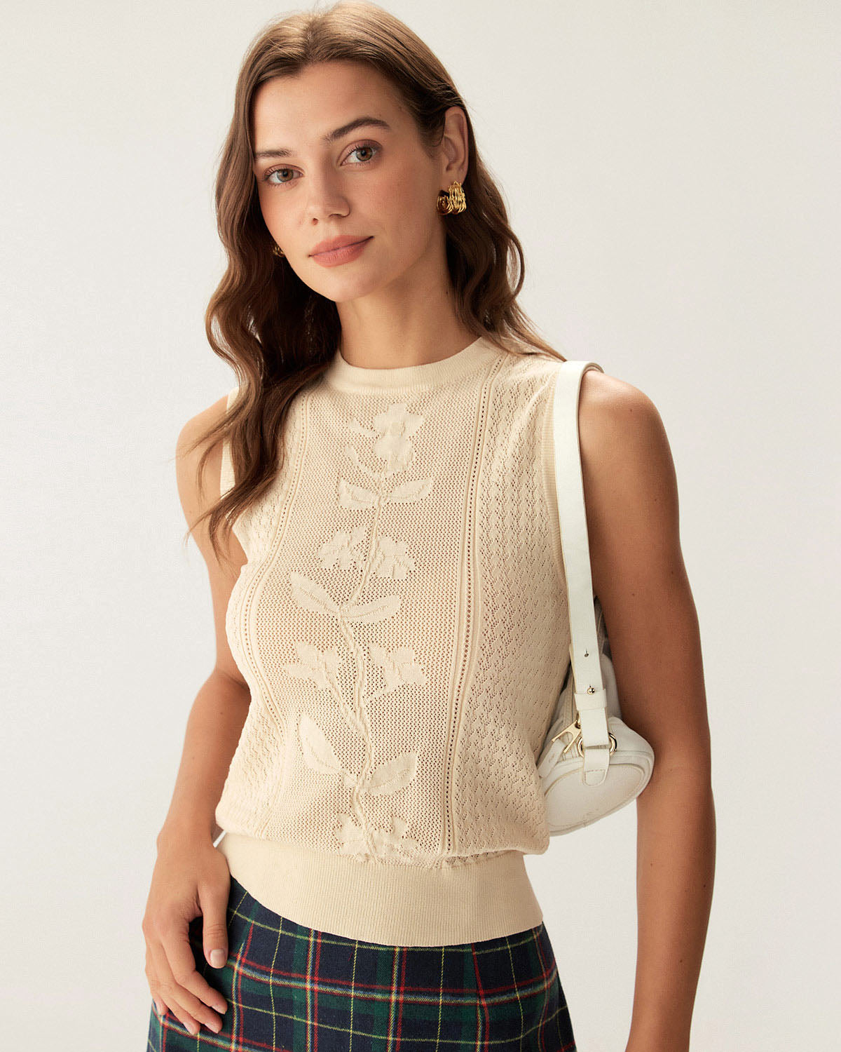 Beige Crew Neck Knit Tank Top