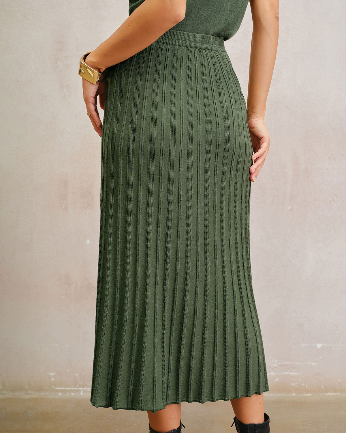 Green Natural Waisted Pleated Knit Midi Skirt