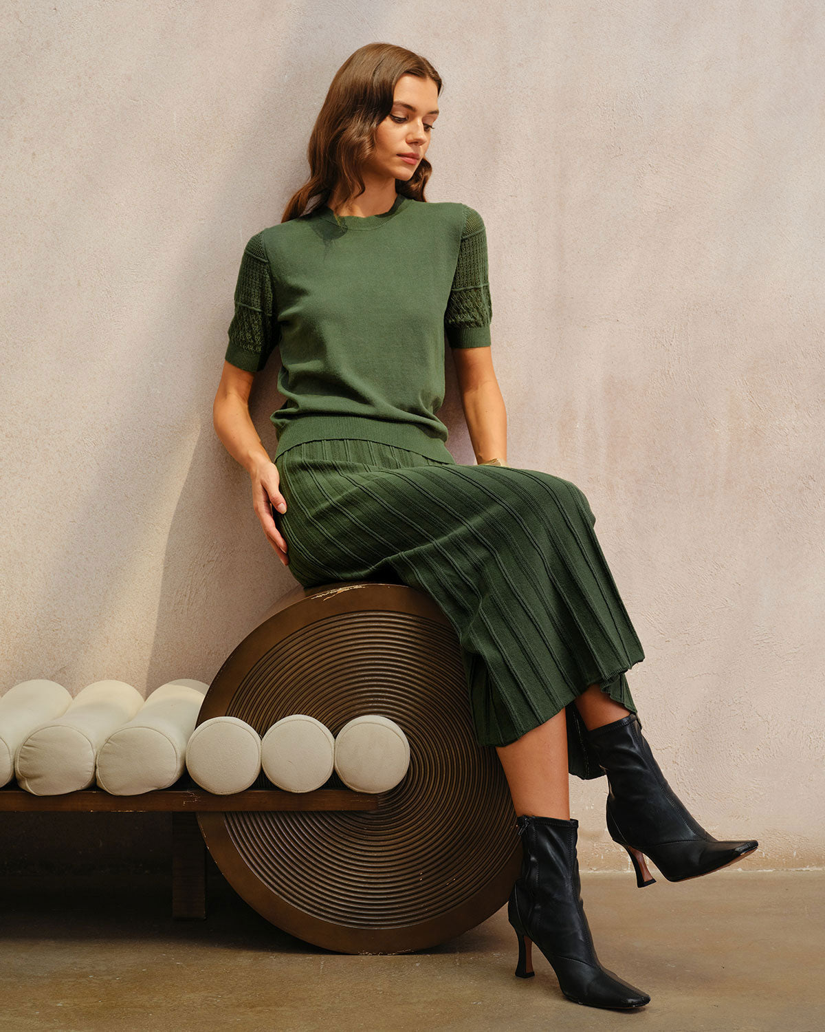 Green Natural Waisted Pleated Knit Midi Skirt