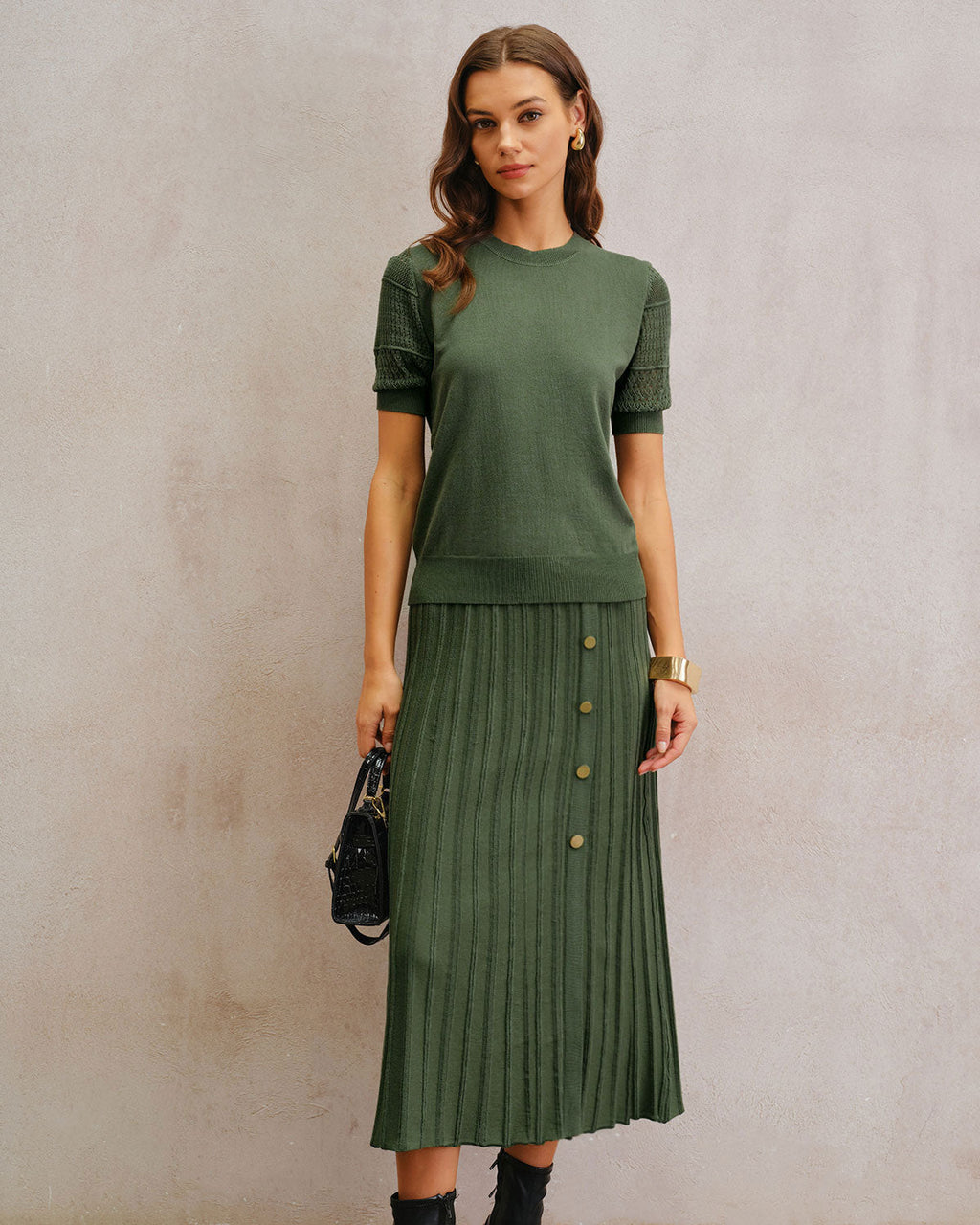 Green Natural Waisted Pleated Knit Midi Skirt