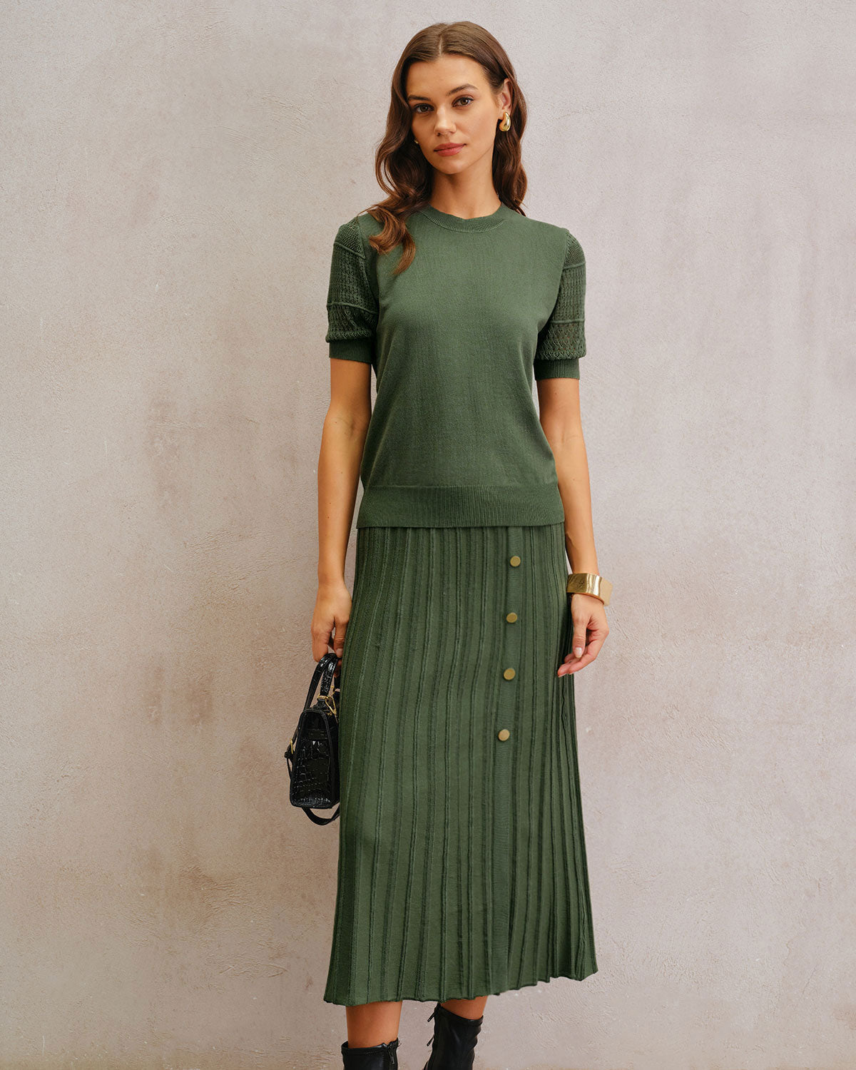 Green Natural Waisted Pleated Knit Midi Skirt