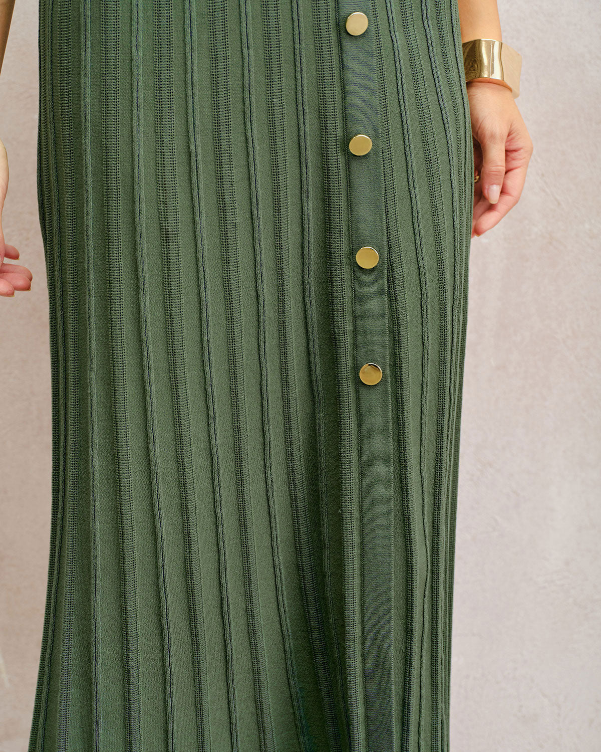 Green Natural Waisted Pleated Knit Midi Skirt