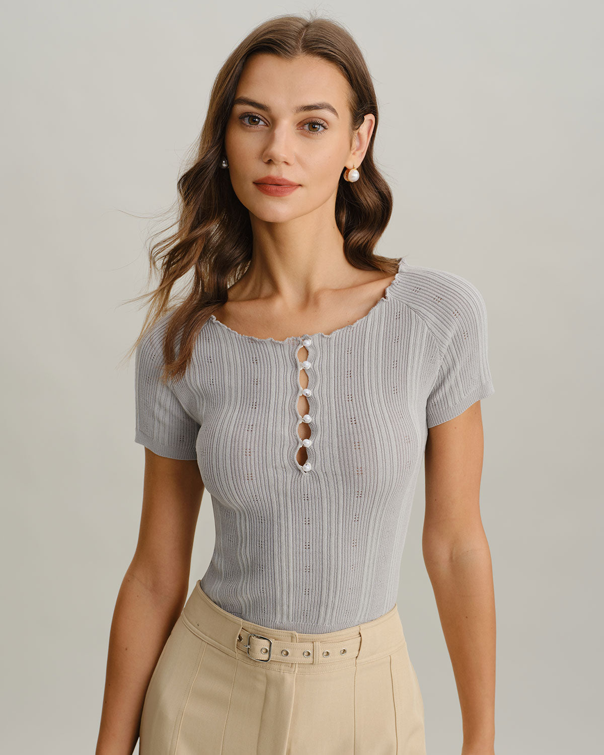 Grey Boat Neck Slim Knit Tee