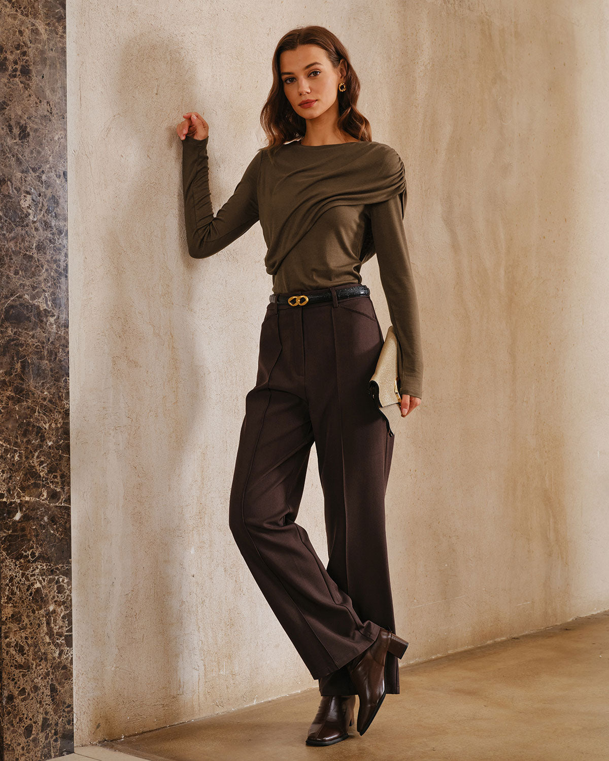 Brown Ruched Slim Knit Tee
