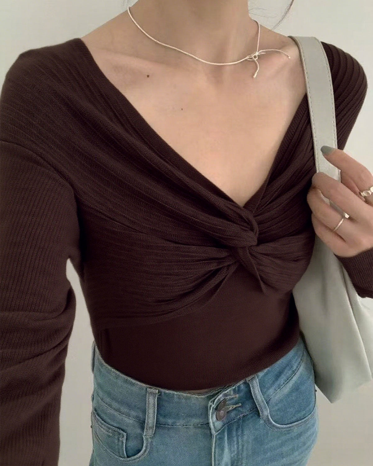 Coffee V Neck Twisted Knit Tee