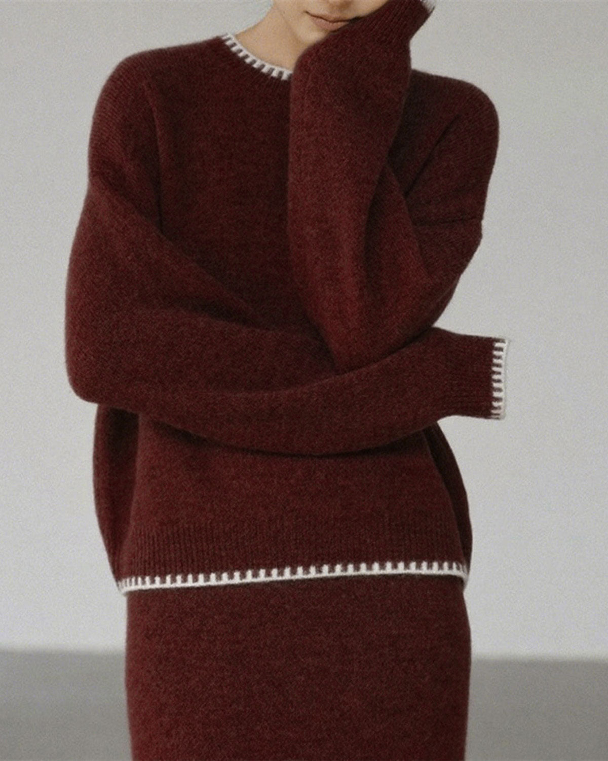 Wine Red Round Neck Knit Skirt Suit