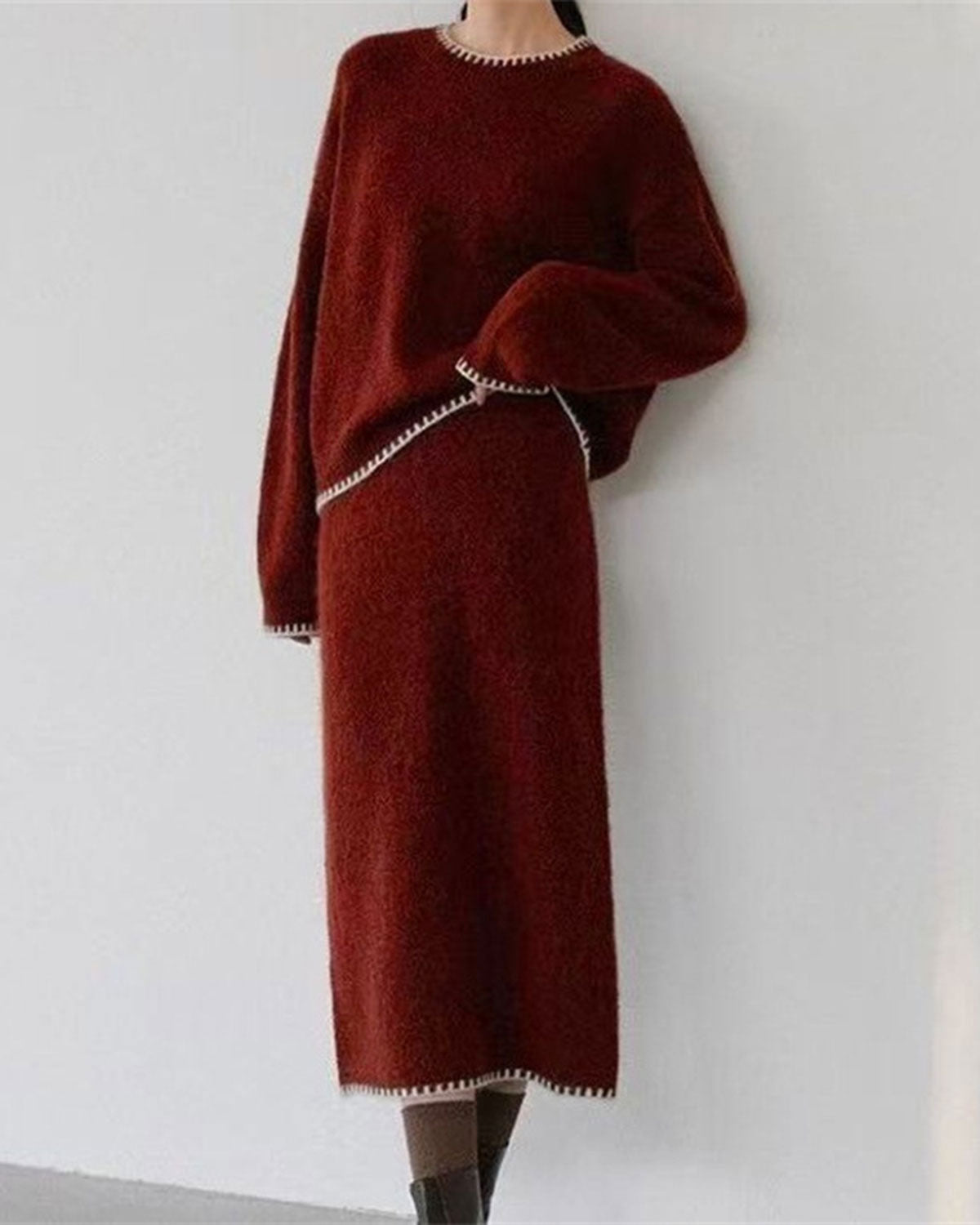 Wine Red Round Neck Knit Skirt Suit