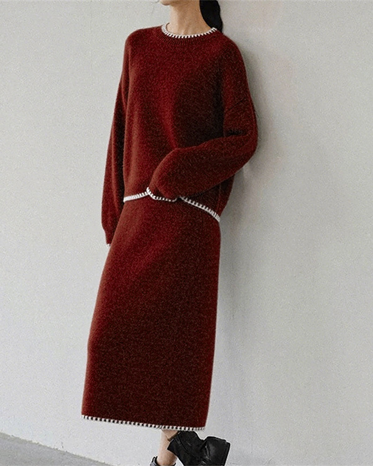 Wine Red Round Neck Knit Skirt Suit