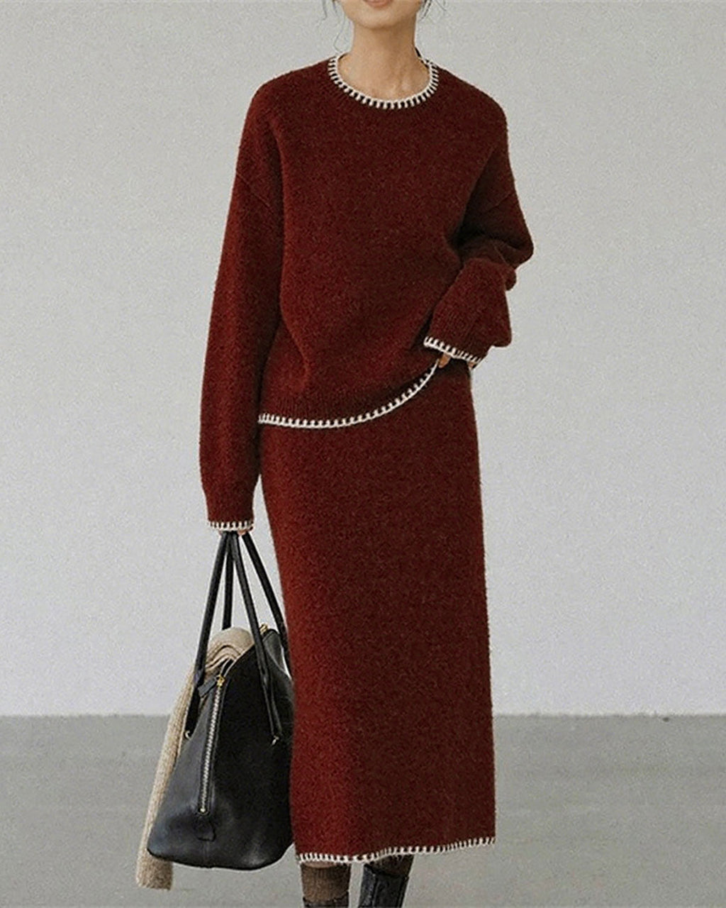 Wine Red Round Neck Knit Skirt Suit