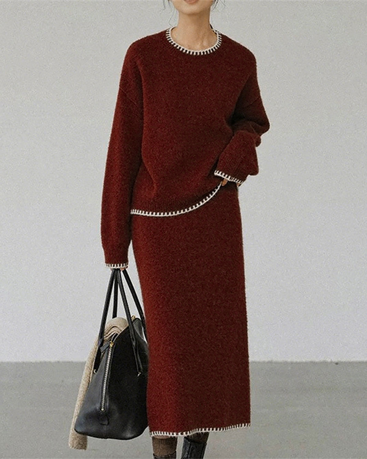 Wine Red Round Neck Knit Skirt Suit
